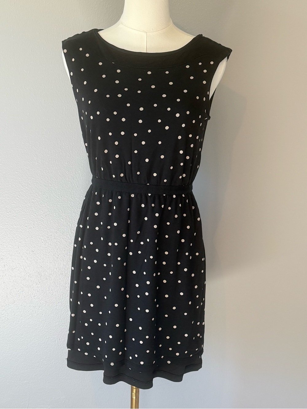 LOFT Black Sleeveless Mini Dress with White Cream Polka Dots